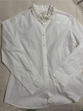 J. Crew White Ruffle-Neck Cotton Blouse